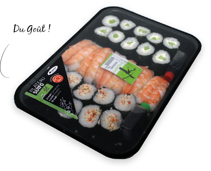 plateau SUIFO par Mericq : sushis crevette, makis surimi, makis concombre