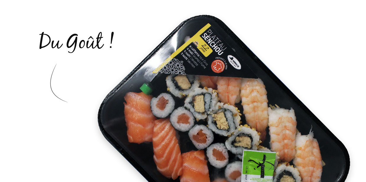 plateau SENCHOU par Mericq : makis california foie gras, makis saumon fumé, sushis crevette, sushis saumon