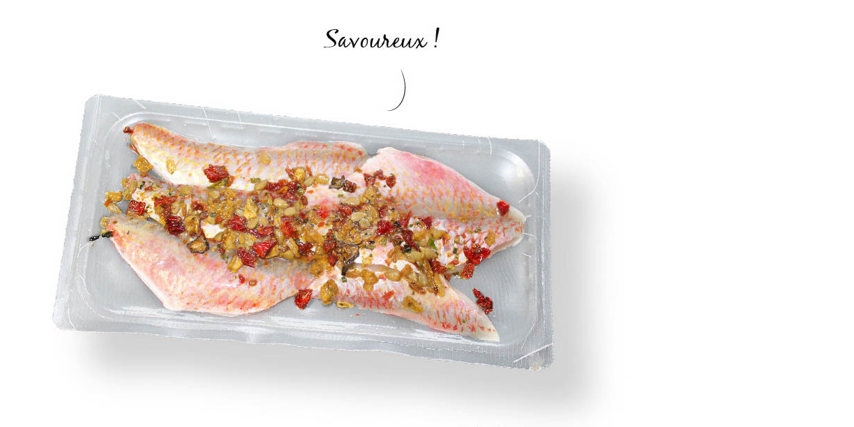 filets de rouget avec emballage micro-ondable pour cuisson en papillote. Par Mericq.